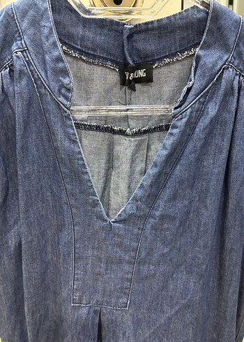 Lacivert V Yaka Denim Midi Elbise - Görsel 2