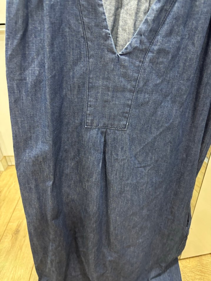 Lacivert V Yaka Denim Midi Elbise - Görsel 3