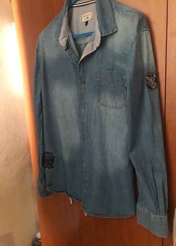 Düğmeli Mavi Denim kot Erkek Gömlek