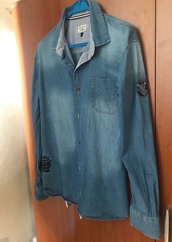 xl Beden Düğmeli Mavi Denim kot Erkek Gömlek
