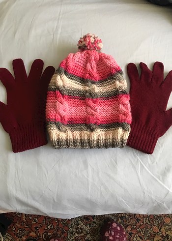 Renkli Örgü Çocuk Bere ve Bordo Eldiven - Görsel 2