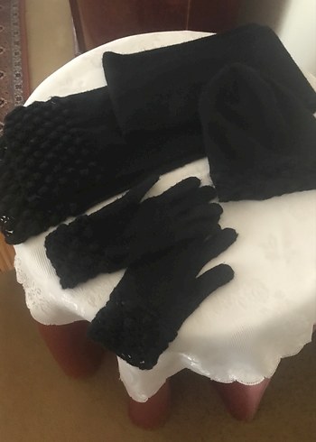 Siyah Örgü Kadın  bere atkı eldiven takımı - Görsel 7