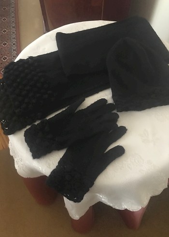 Siyah Örgü Kadın  bere atkı eldiven takımı - Görsel 6