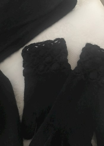 Siyah Örgü Kadın  bere atkı eldiven takımı - Görsel 4