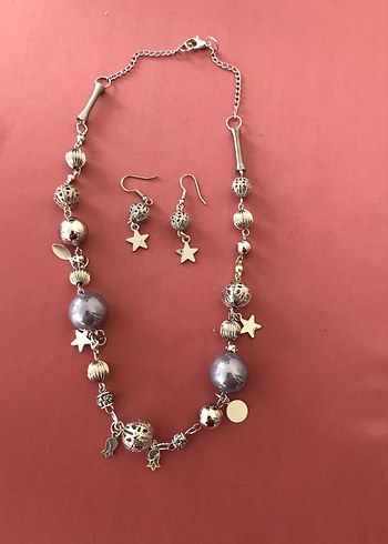 Uzun Gri Boncuklu Bohem Kolye ve Küpe Seti - Görsel 2