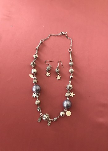 Uzun Gri Boncuklu Bohem Kolye ve Küpe Seti - Görsel 5