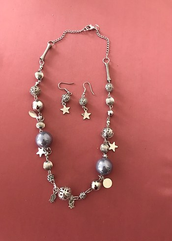Uzun Gri Boncuklu Bohem Kolye ve Küpe Seti - Görsel 4