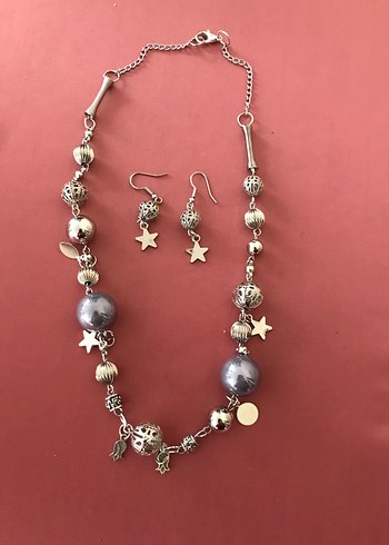 Uzun Gri Boncuklu Bohem Kolye ve Küpe Seti - Görsel 3