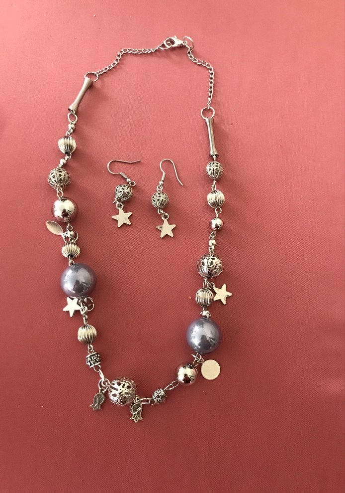 Uzun Gri Boncuklu Bohem Kolye ve Küpe Seti - Görsel 2