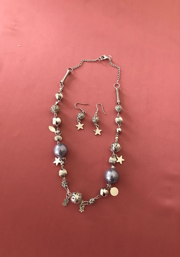 Uzun Gri Boncuklu Bohem Kolye ve Küpe Seti - Görsel 5