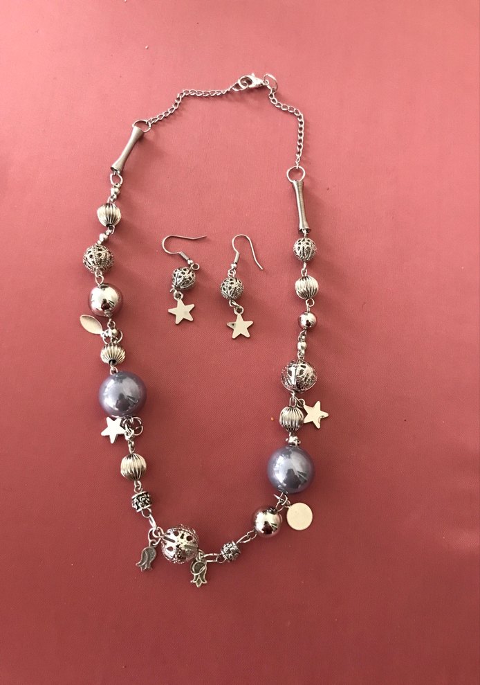 Uzun Gri Boncuklu Bohem Kolye ve Küpe Seti - Görsel 4