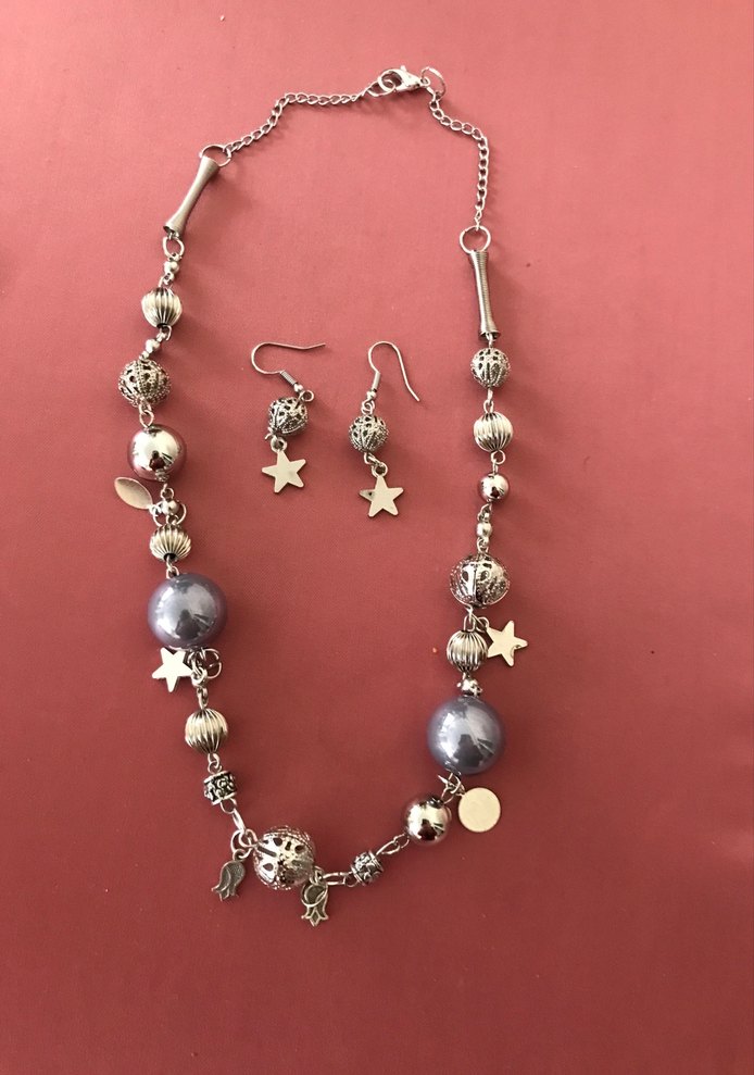 Uzun Gri Boncuklu Bohem Kolye ve Küpe Seti - Görsel 3