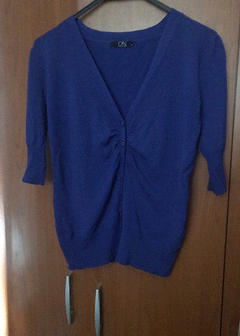 Mavi V Yaka Düğmeli Kadın Hırka - Görsel 3