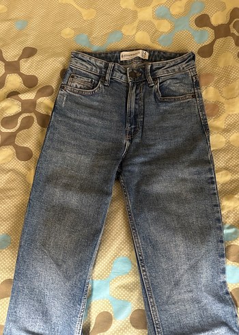 Stradivarius Mavi Düğmeli Denim Kadın Pantolon - Görsel 4