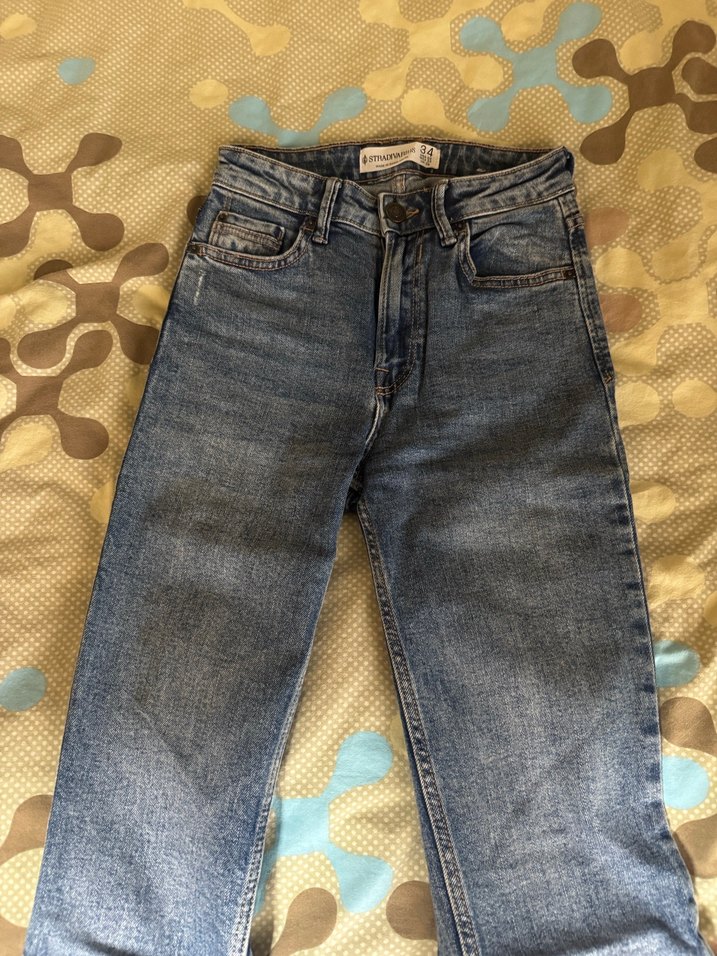 Stradivarius Mavi Düğmeli Denim Kadın Pantolon - Görsel 4