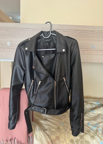 Kadın Siyah Deri Biker Ceket - Görsel 3