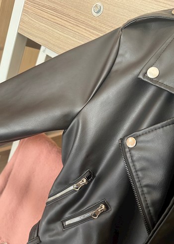 Kadın Siyah Deri Biker Ceket - Görsel 4