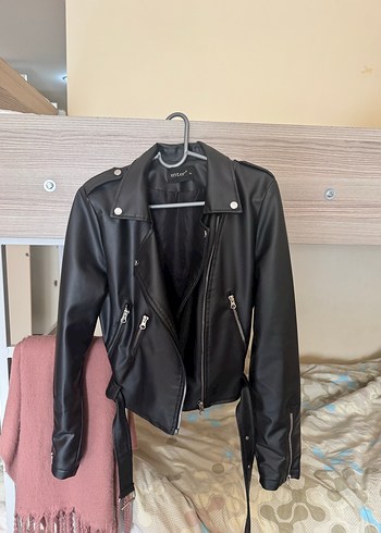 Kadın Siyah Deri Biker Ceket - Görsel 2