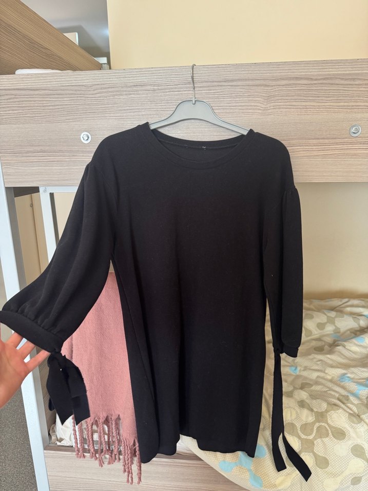 Siyah Uzun Kollu Midi Kadın Keten Elbise - Görsel 2