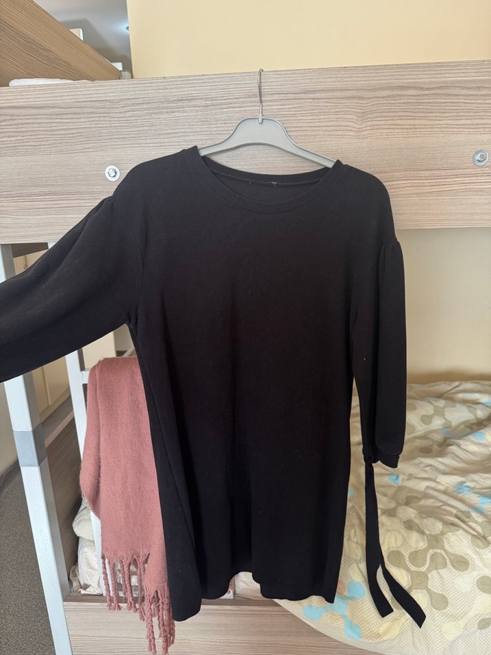 Siyah Uzun Kollu Midi Kadın Keten Elbise - Görsel 3