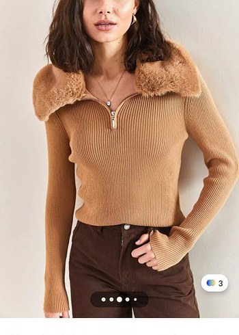 Kahverengi Kürklü Yaka Kadın Triko - Görsel 7