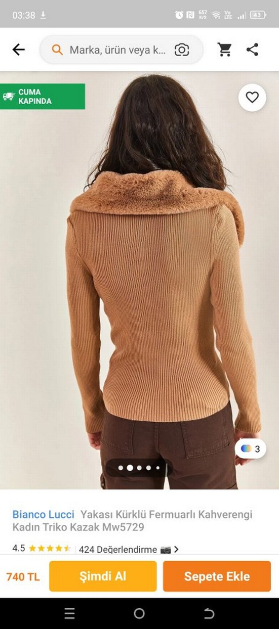 Kahverengi Kürklü Yaka Kadın Triko - Görsel 2