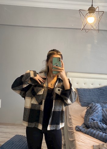 s Beden Gri Ekose Desenli Kadın Oversize Ceket