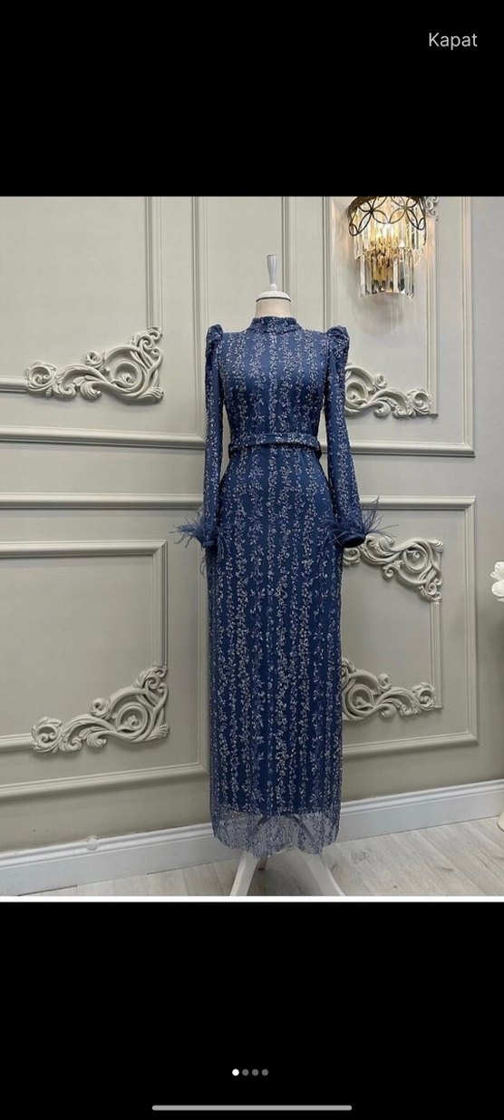 İşlemeli İndigo Uzun Abiye Elbise - Görsel 3