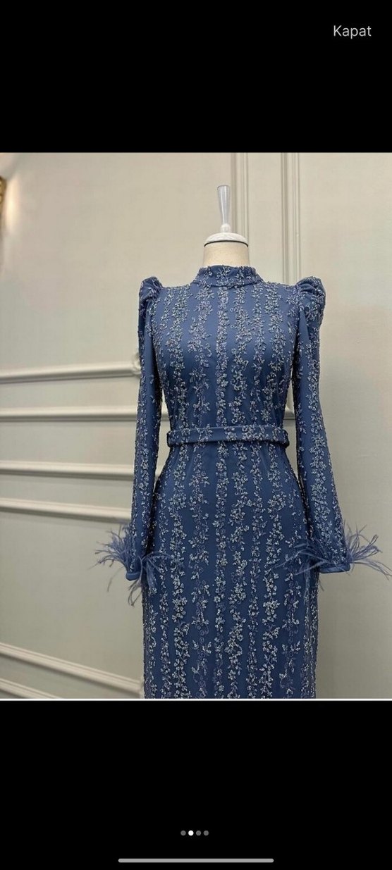 İşlemeli İndigo Uzun Abiye Elbise - Görsel 2