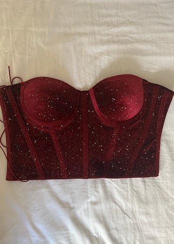 Bordo Parlak Straplez Bustiyer - Görsel 3