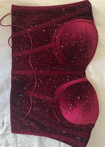 Bordo Parlak Straplez Bustiyer - Görsel 4