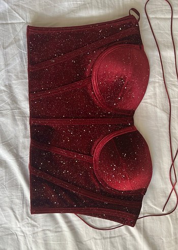 Bordo Parlak Straplez Bustiyer - Görsel 6