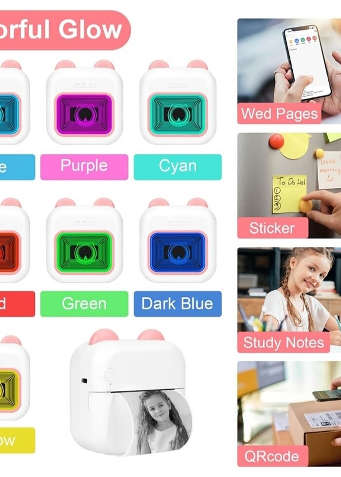 Mini Yazıcı,  Renkli LED ve Aynalı, 13 Rulo Yazıcı Kağıdı (pembe - Görsel 3