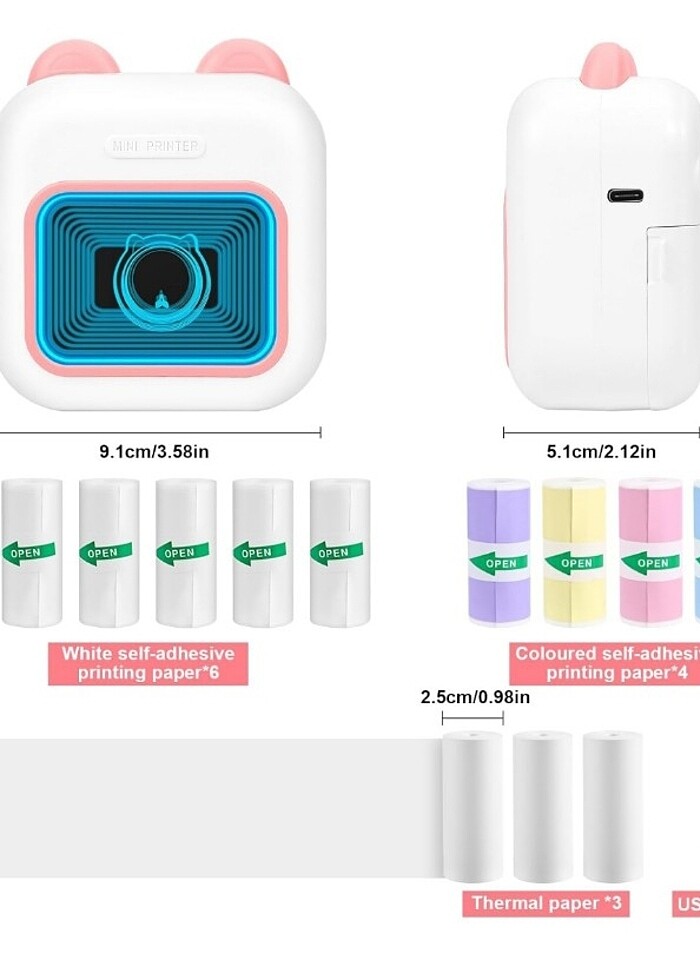 Mini Yazıcı,  Renkli LED ve Aynalı, 13 Rulo Yazıcı Kağıdı (pembe - Görsel 5