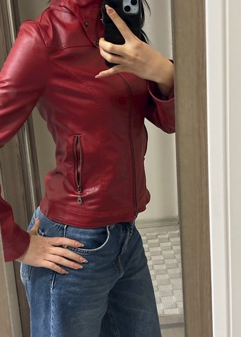Kadın Kırmızı Deri Biker Ceket - Görsel 4