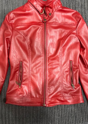 Kadın Kırmızı Deri Biker Ceket - Görsel 2