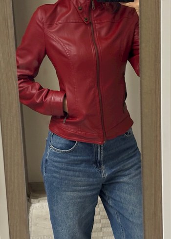 Kadın Kırmızı Deri Biker Ceket - Görsel 3
