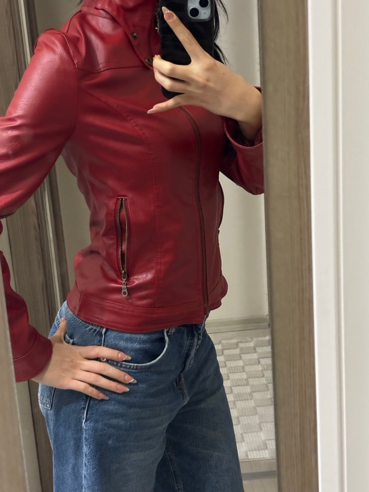 Kadın Kırmızı Deri Biker Ceket - Görsel 4