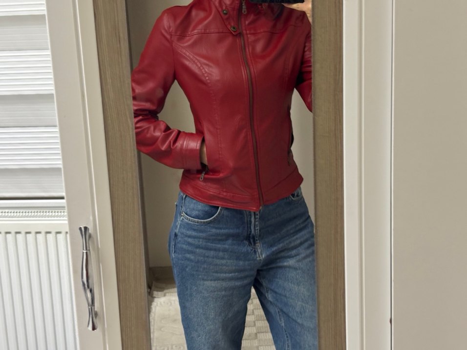 Kadın Kırmızı Deri Biker Ceket - Görsel 3