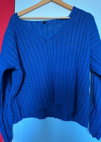 Kadın Mavi V Yaka Örgü Triko Kazak - Görsel 2