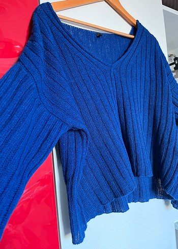 Kadın Mavi V Yaka Örgü Triko Kazak - Görsel 3