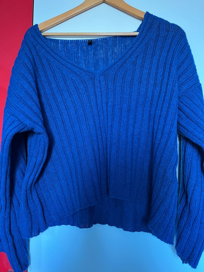 Kadın Mavi V Yaka Örgü Triko Kazak - Görsel 2