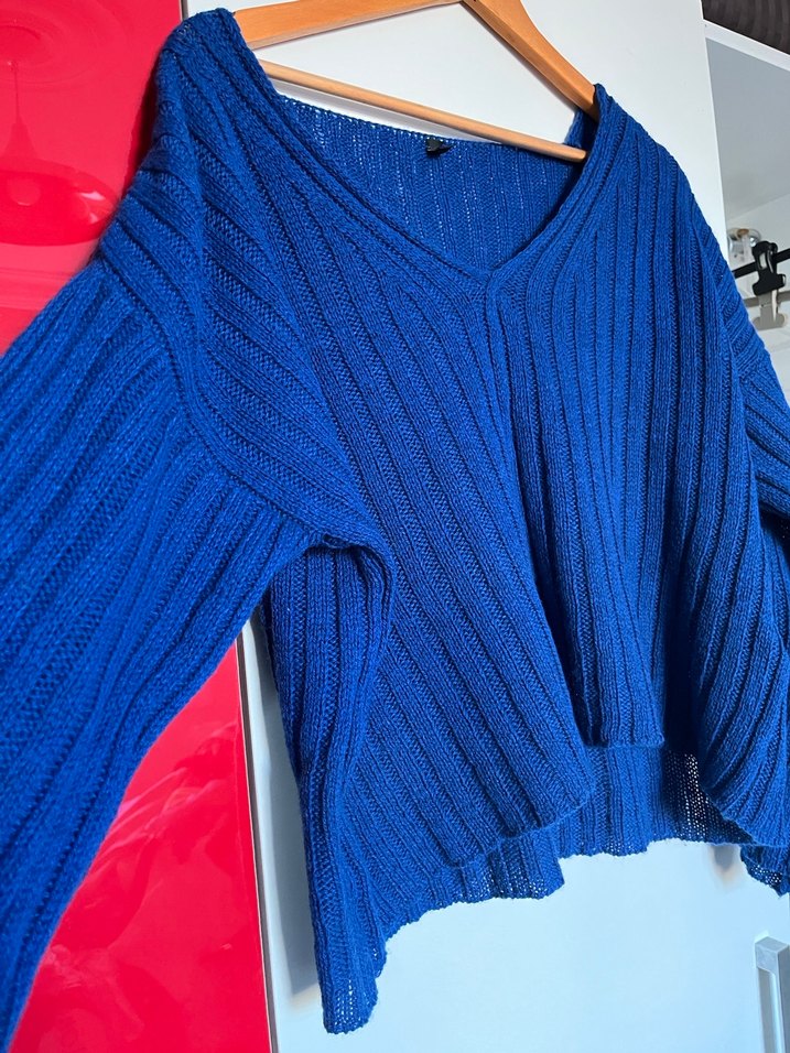 Kadın Mavi V Yaka Örgü Triko Kazak - Görsel 3
