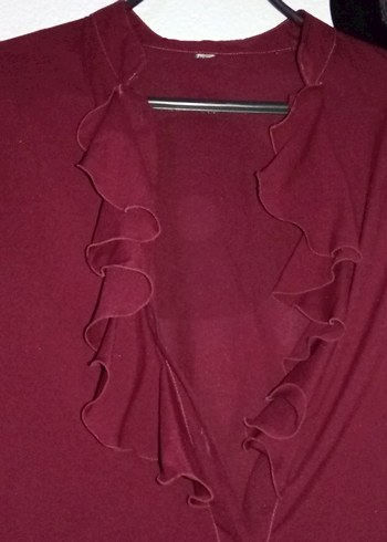 Volanlı Bordo Gömlek V Yakalı