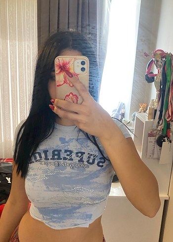 Mavi Batik Desenli Kısa Kollu Crop Top