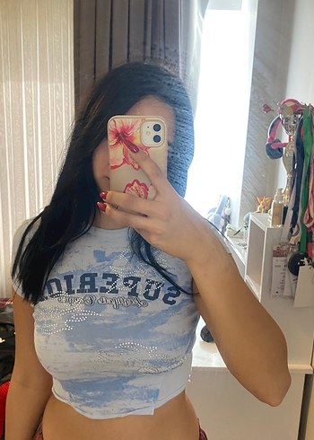 Bershka Mavi Batik Desenli Kısa Kollu Crop Top