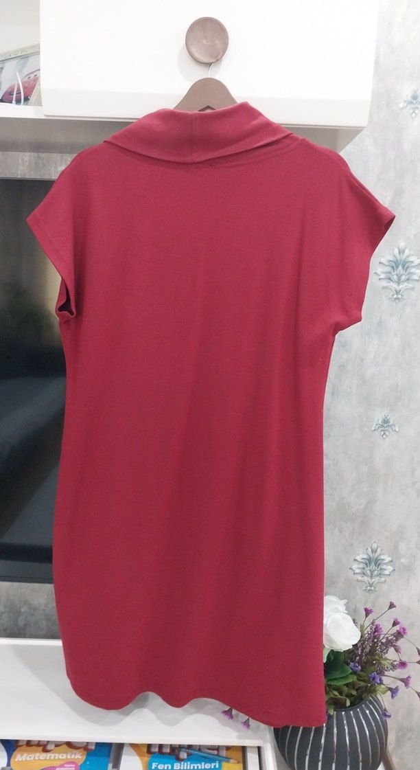 Bordo Midi Drapeli Halter Yaka Elbise - Görsel 3