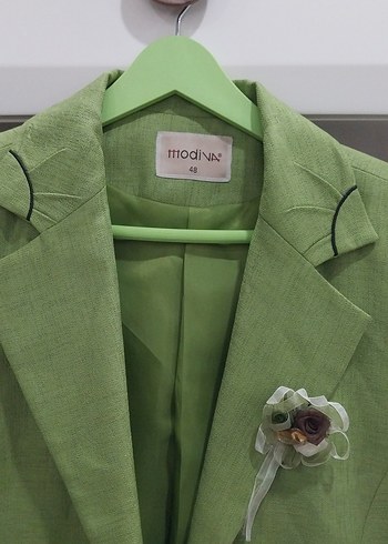 Yeşil Nakışlı Keten Kadın Blazer Ceket - Görsel 2