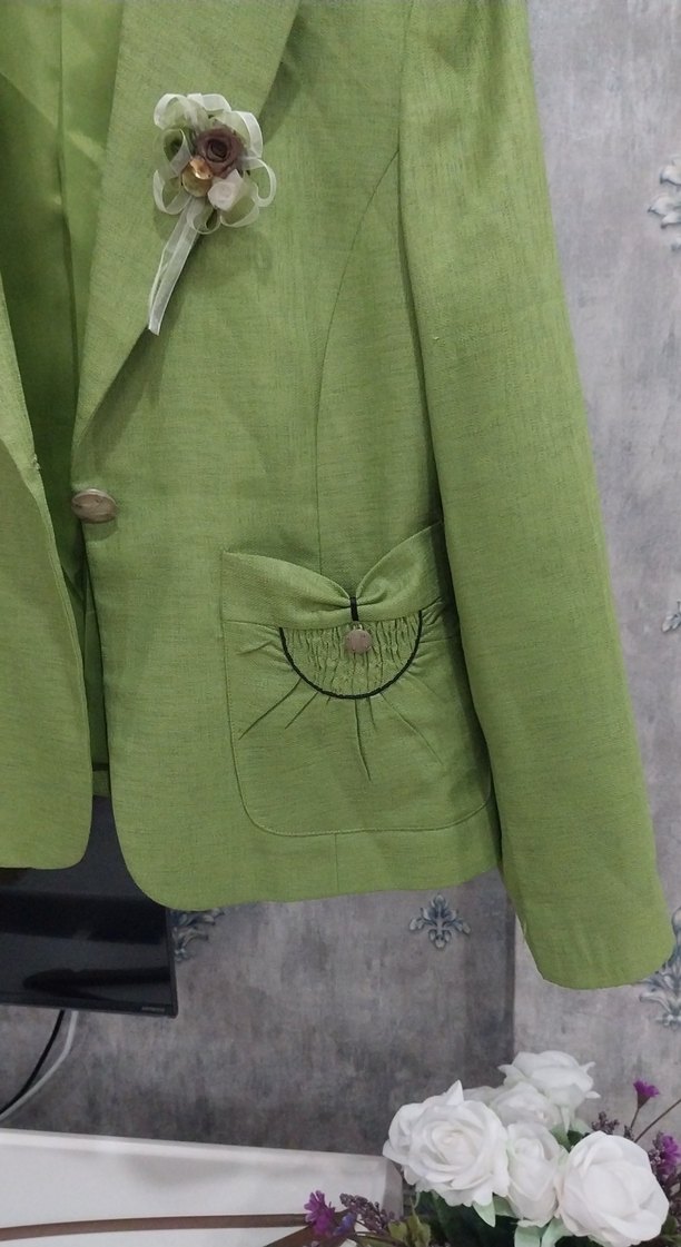 Yeşil Nakışlı Keten Kadın Blazer Ceket - Görsel 3