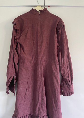 Bordo Süet Midi Elbise, Fırfırlı, Yüksek Yaka - Görsel 4